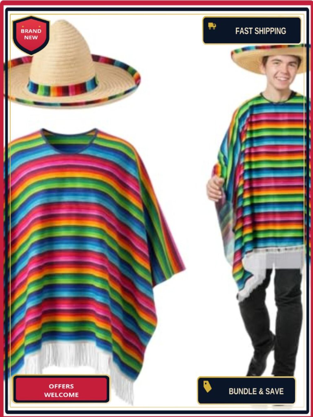 Mexican Serape Poncho Sombrero Costume Set Cinco De Mayo Fiesta